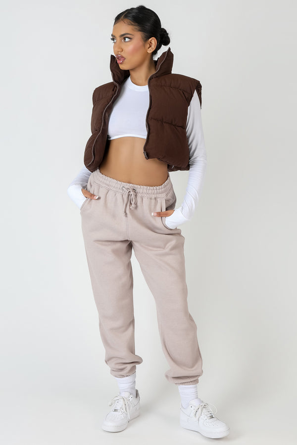 CROPPED PUFFER GILET CHOCOLATE