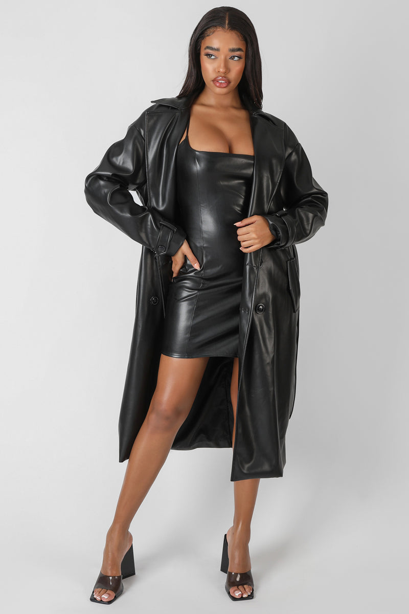 LONGLINE PU BELTED TRENCH COAT BLACK