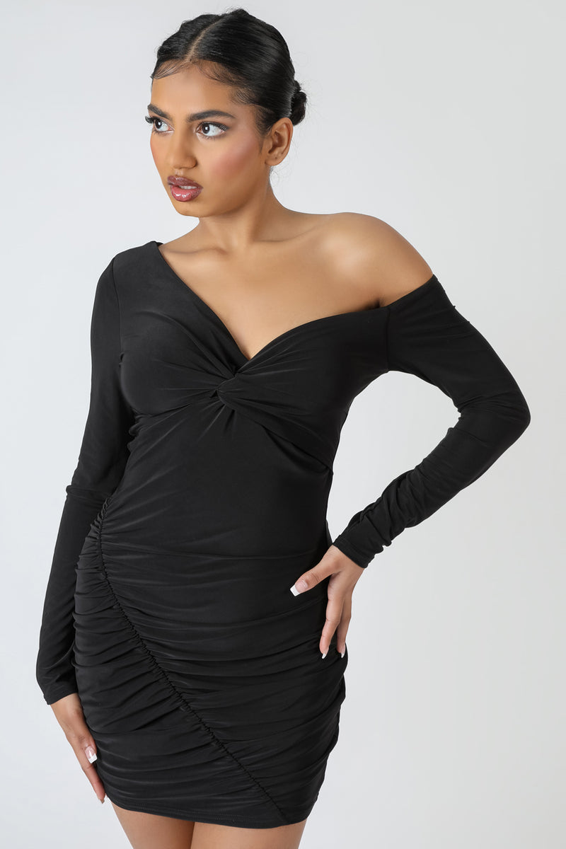 TWIST WRAP GATHER LONG SLEEVE MINI DRESS BLACK