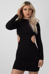 RIBBED CUT OUT WAIST DRESS BLACK