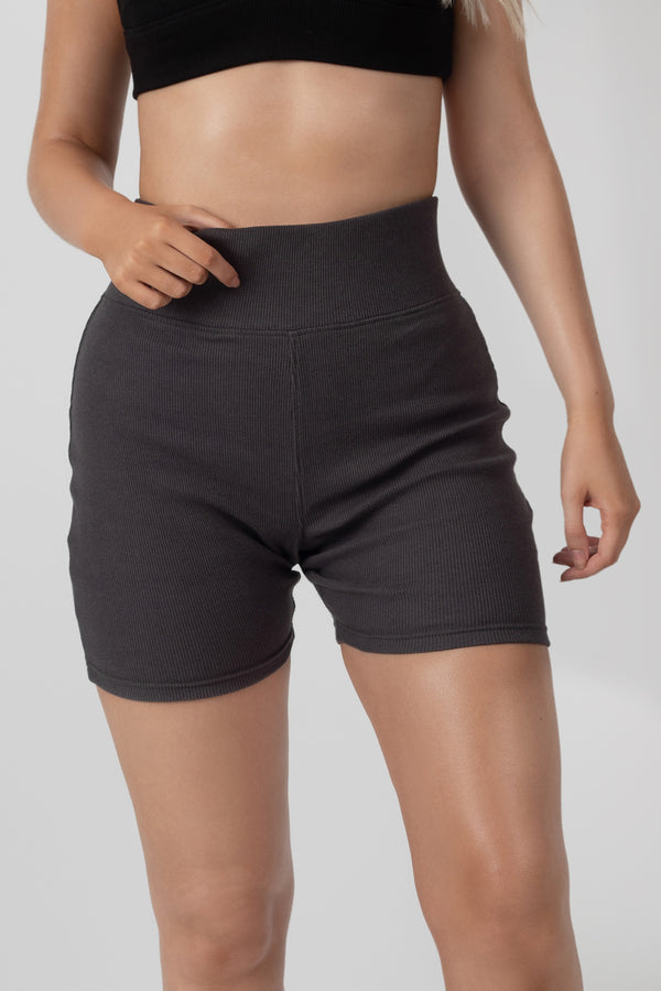 HIGH WAISTED RIB CYCLING SHORTS DARK GREY