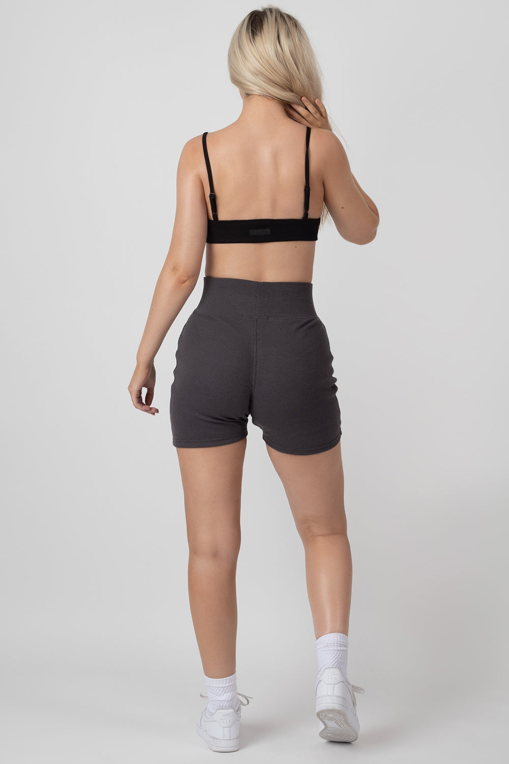 HIGH WAISTED RIB CYCLING SHORTS DARK GREY