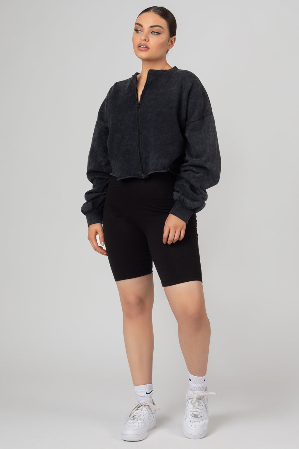 DOUBLE ENDED ZIP CROPPED SWEAT ACID WASH