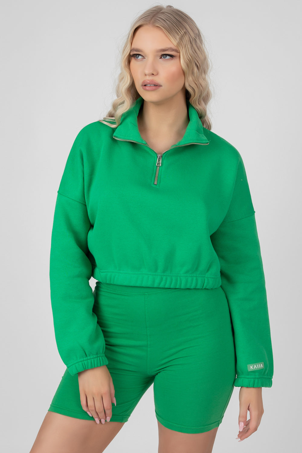 OVERSIZED HALF ZIP PULLOVER GATHERED HEM SWEAT GREEN