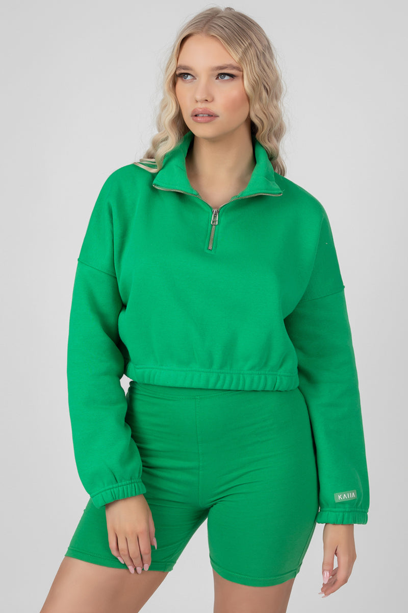 OVERSIZED HALF ZIP PULLOVER GATHERED HEM SWEAT GREEN