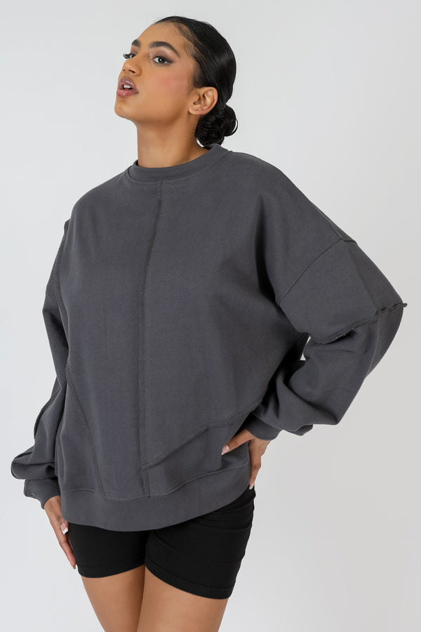 OVERSIZED EXPOSED SEAM DETAIL SWEATSHIRT DARK GREY