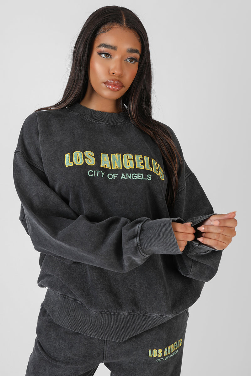 LOS ANGELES ACID WASH OVERSIZED SWEATSHIRT GREY