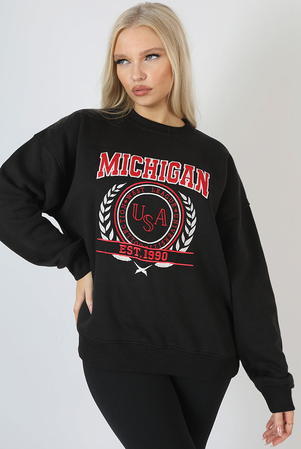 MICHIGAN EMBROIDERED SLOGAN OVERSIZED SWEATSHIRT BLACK