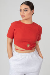 KEYHOLE WRAP CROP TOP RED