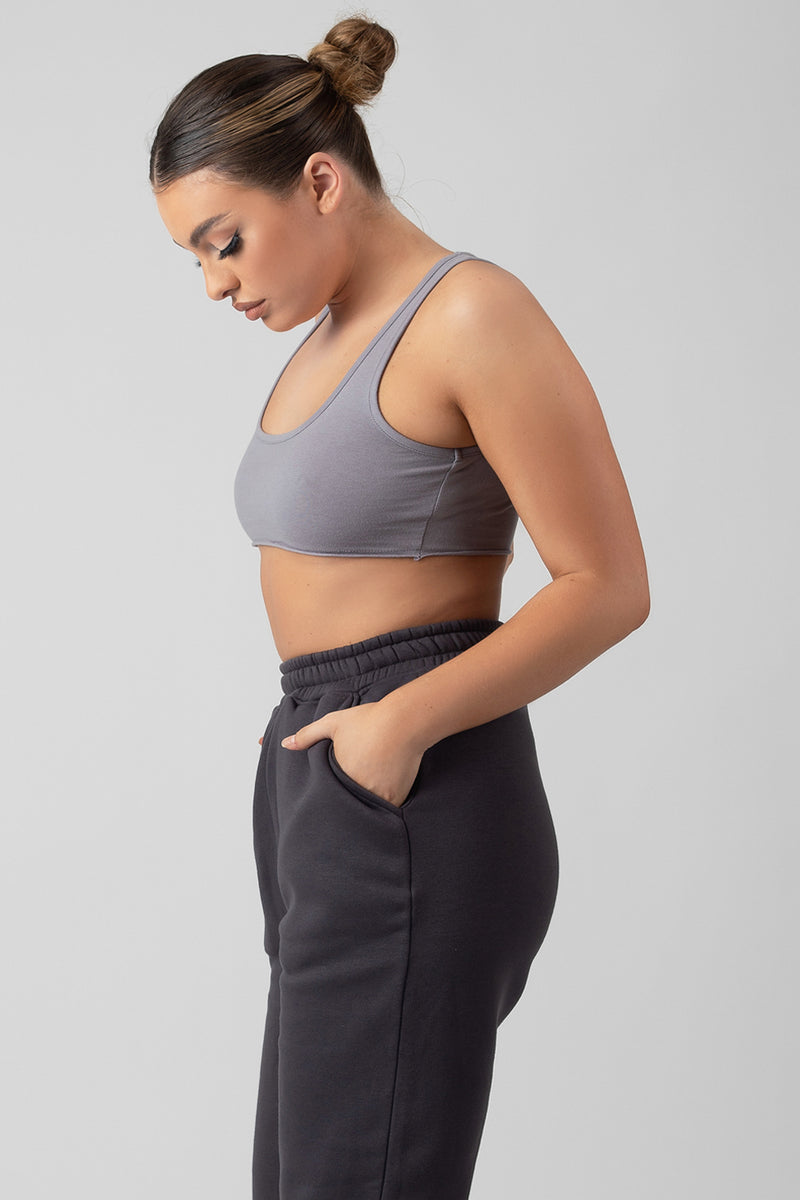 RAW HEM SCOOP NECK CROP TOP GREY