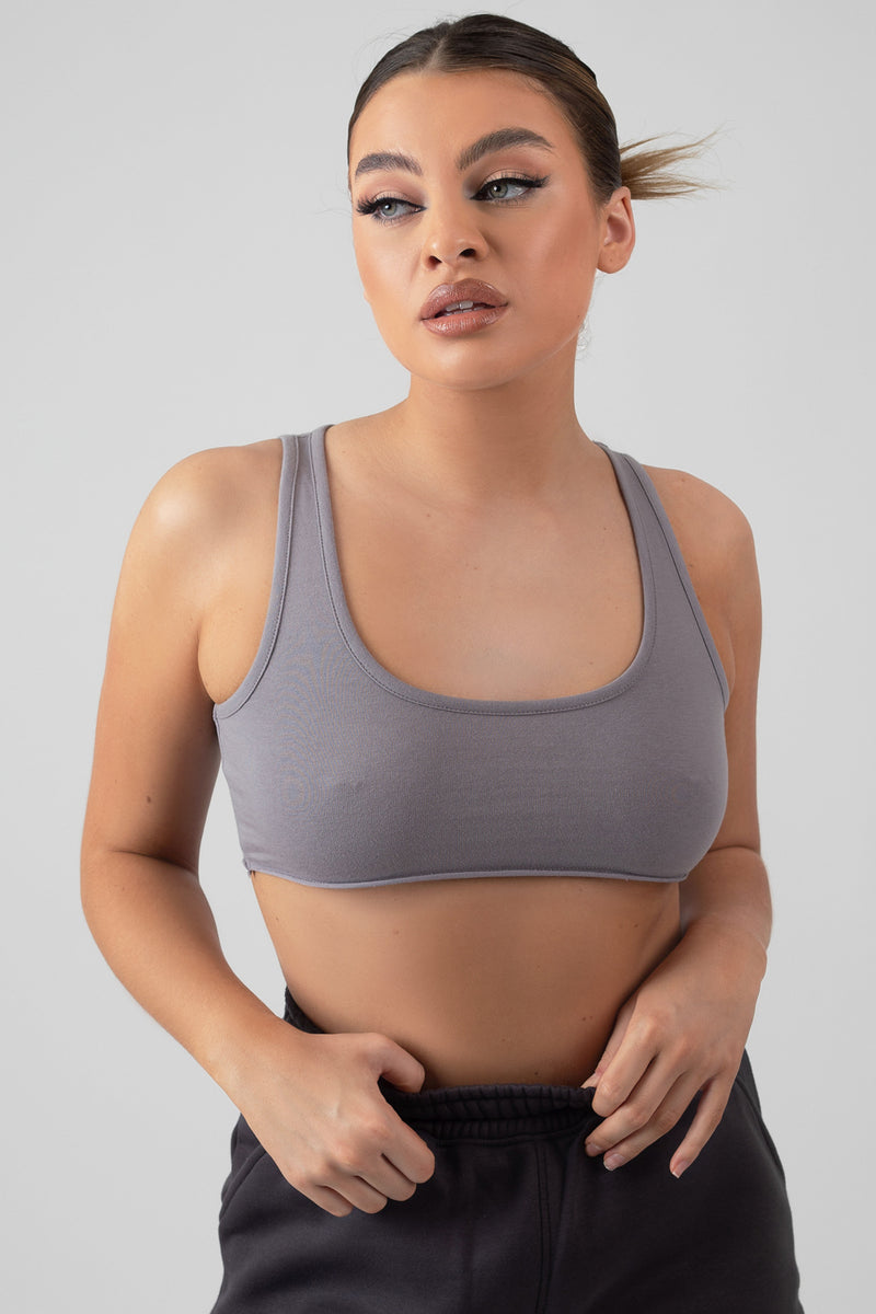 RAW HEM SCOOP NECK CROP TOP GREY