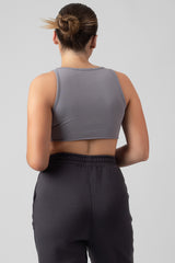 RAW HEM SCOOP NECK CROP TOP GREY