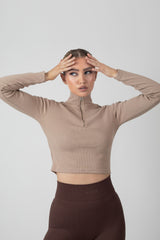 HIGH NECK HALF ZIP TOP LIGHT TAUPE