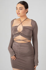 LOOP RUCHING SLINKY LONG SLEEVED TOP MINK GREY