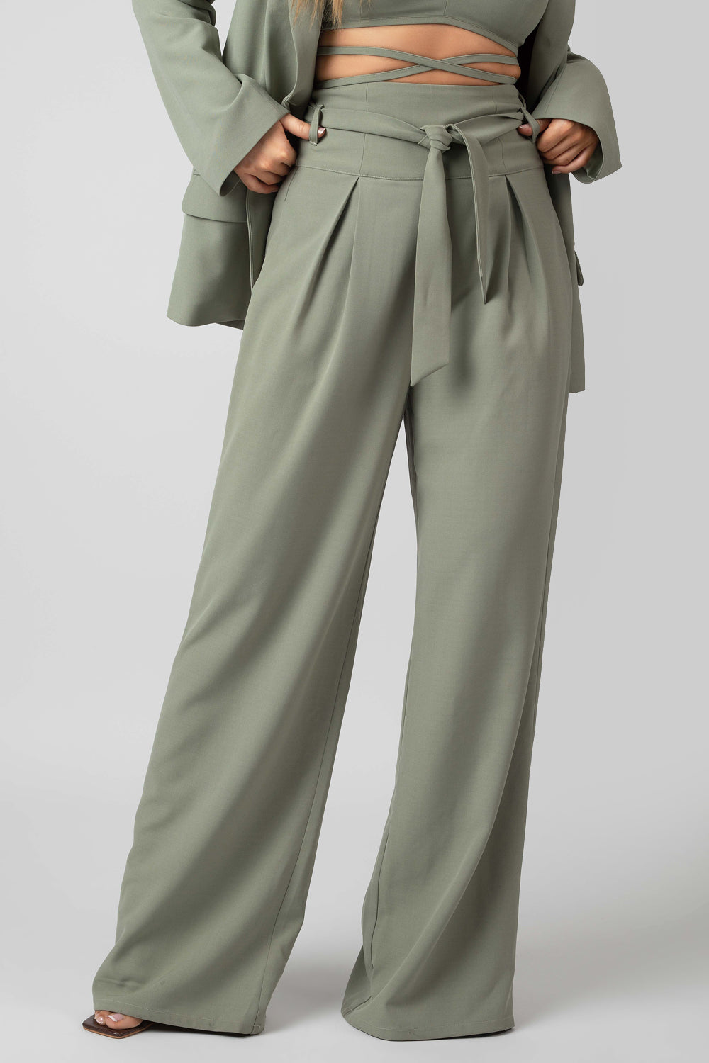 HIGH TIE WAIST WIDE LEG TROUSERS SAGE | Kaiia