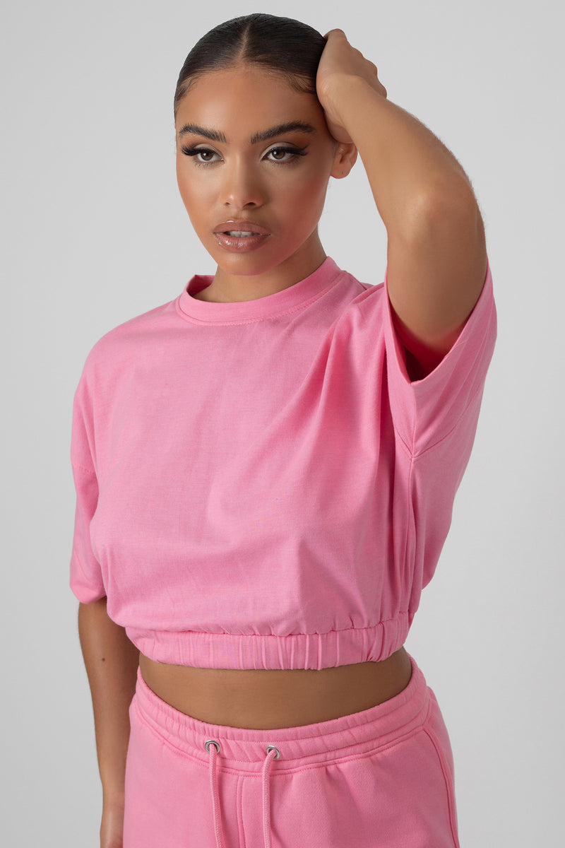 ELASTICATED WAIST CROPPED T-SHIRT PINK