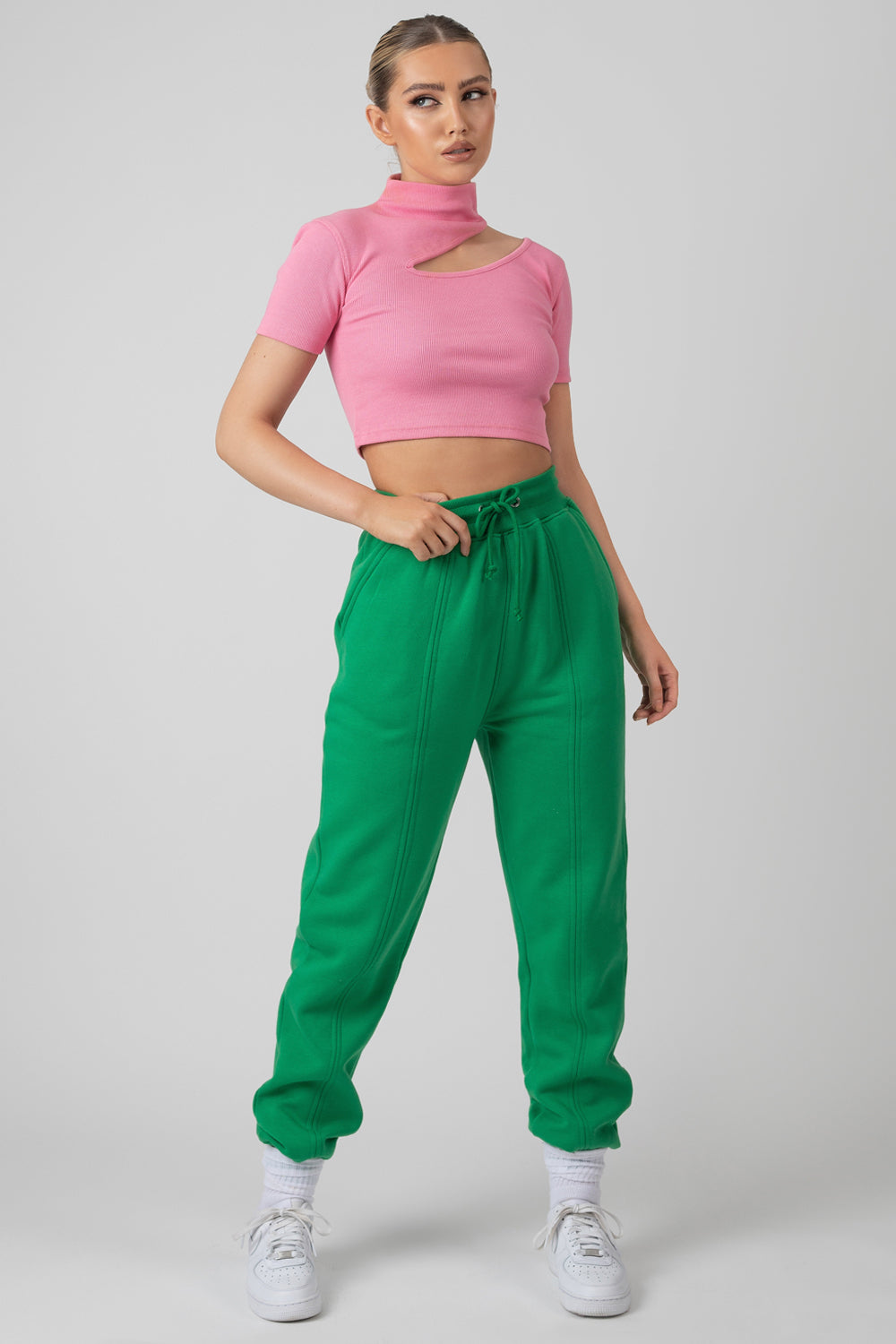 HIGH NECK RIBBED CUT OUT CROPPED T SHIRT PINK