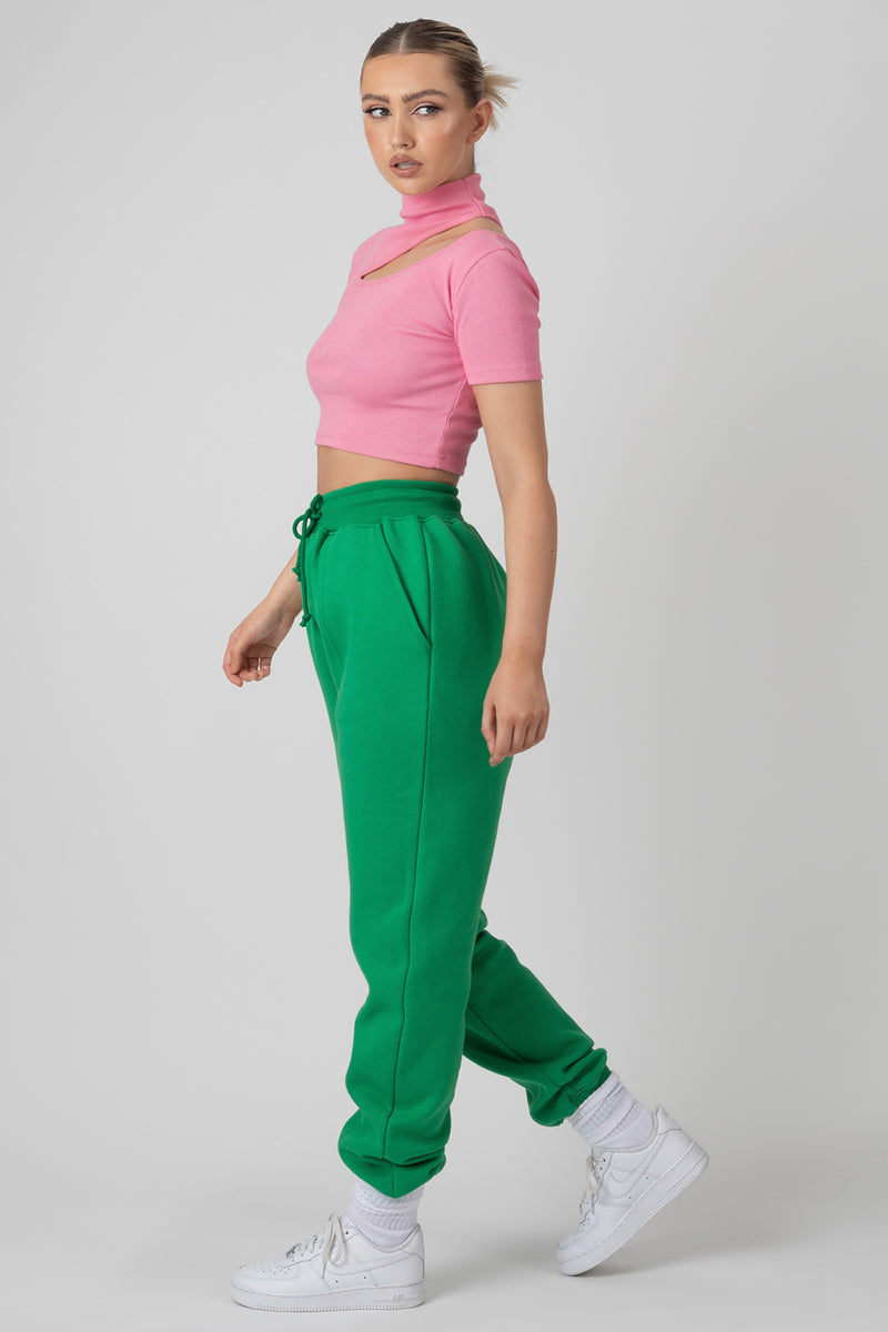 HIGH NECK RIBBED CUT OUT CROPPED T SHIRT PINK