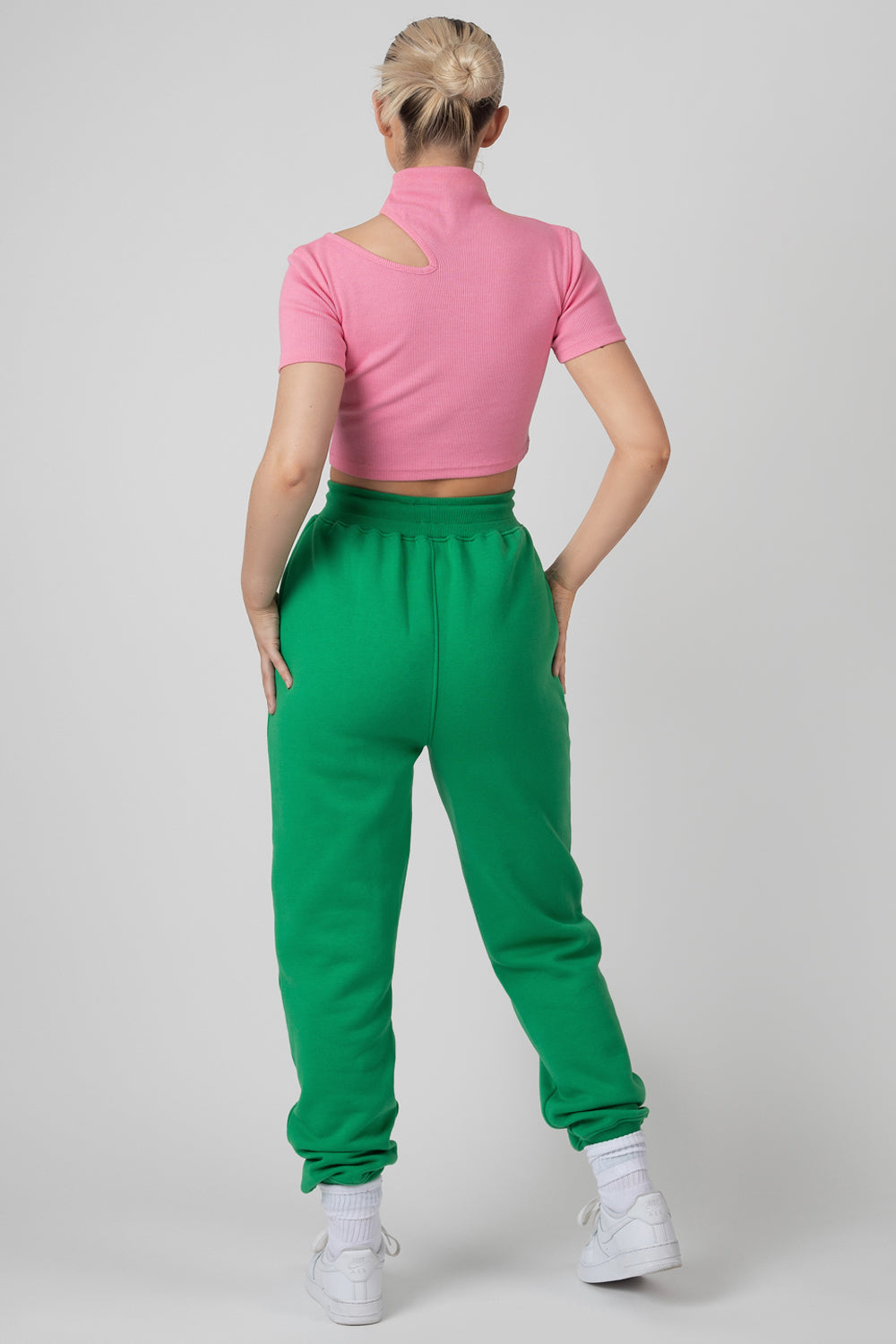HIGH NECK RIBBED CUT OUT CROPPED T SHIRT PINK