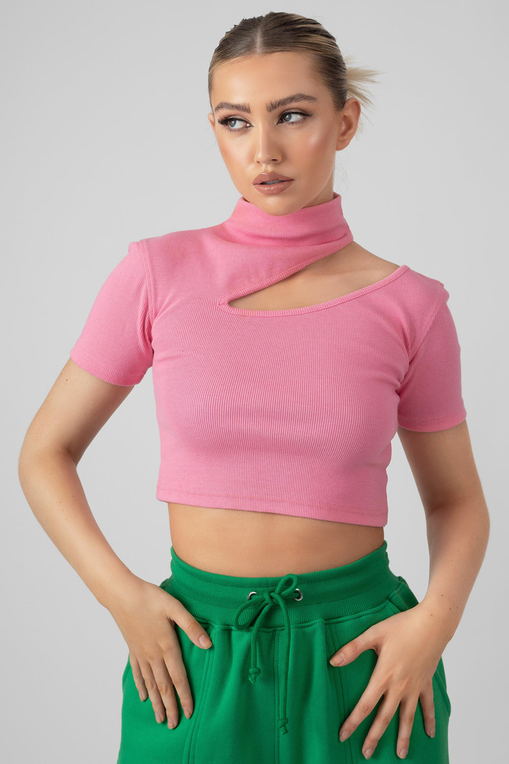 Cut Out Front High Neck Ribbed Crop Top