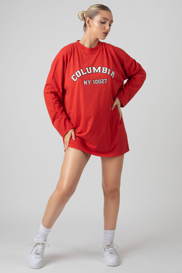 COLUMBIA SLOGAN LONG SLEEVED T-SHIRT DRESS RED