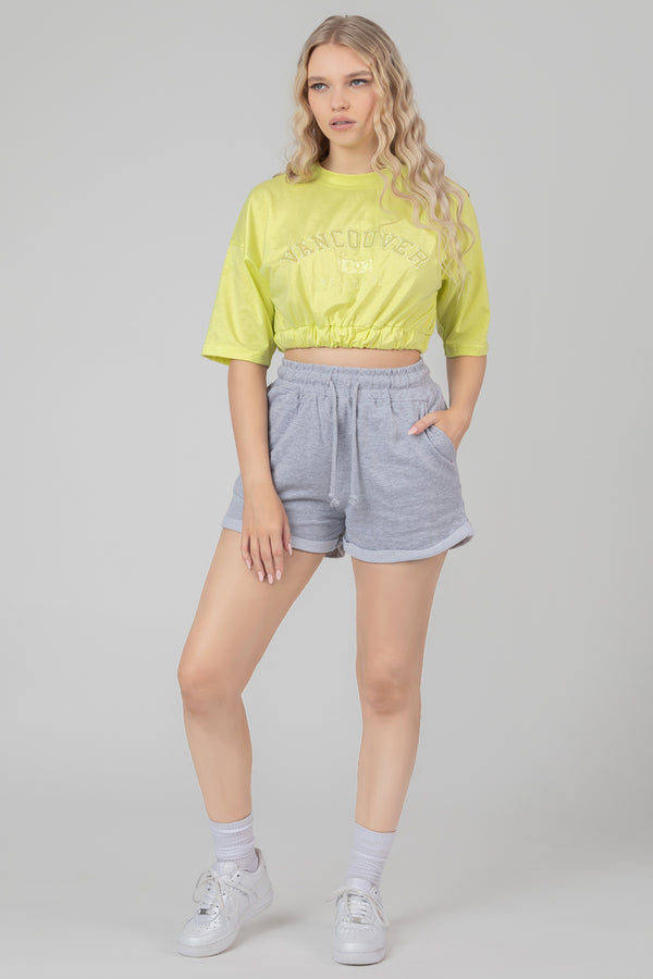 ELASTICATED HEM TONAL EMBROIDERED T-SHIRT LIME