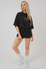 EMBROIDERED SLOGAN CROPPED T-SHIRT BLACK