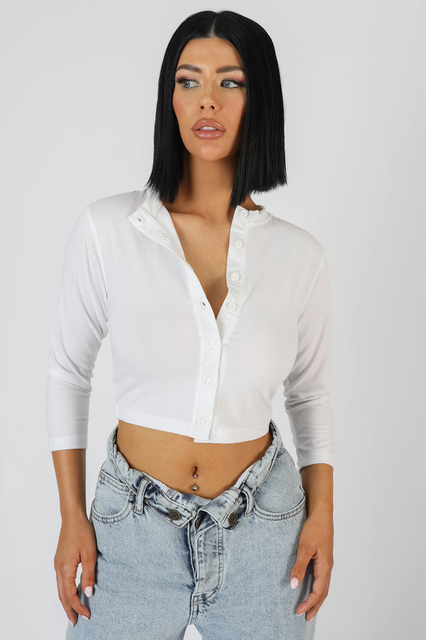 BUTTON FRONT LONG SLEEVE CROP TOP WHITE