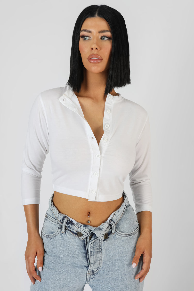 BUTTON FRONT LONG SLEEVE CROP TOP WHITE