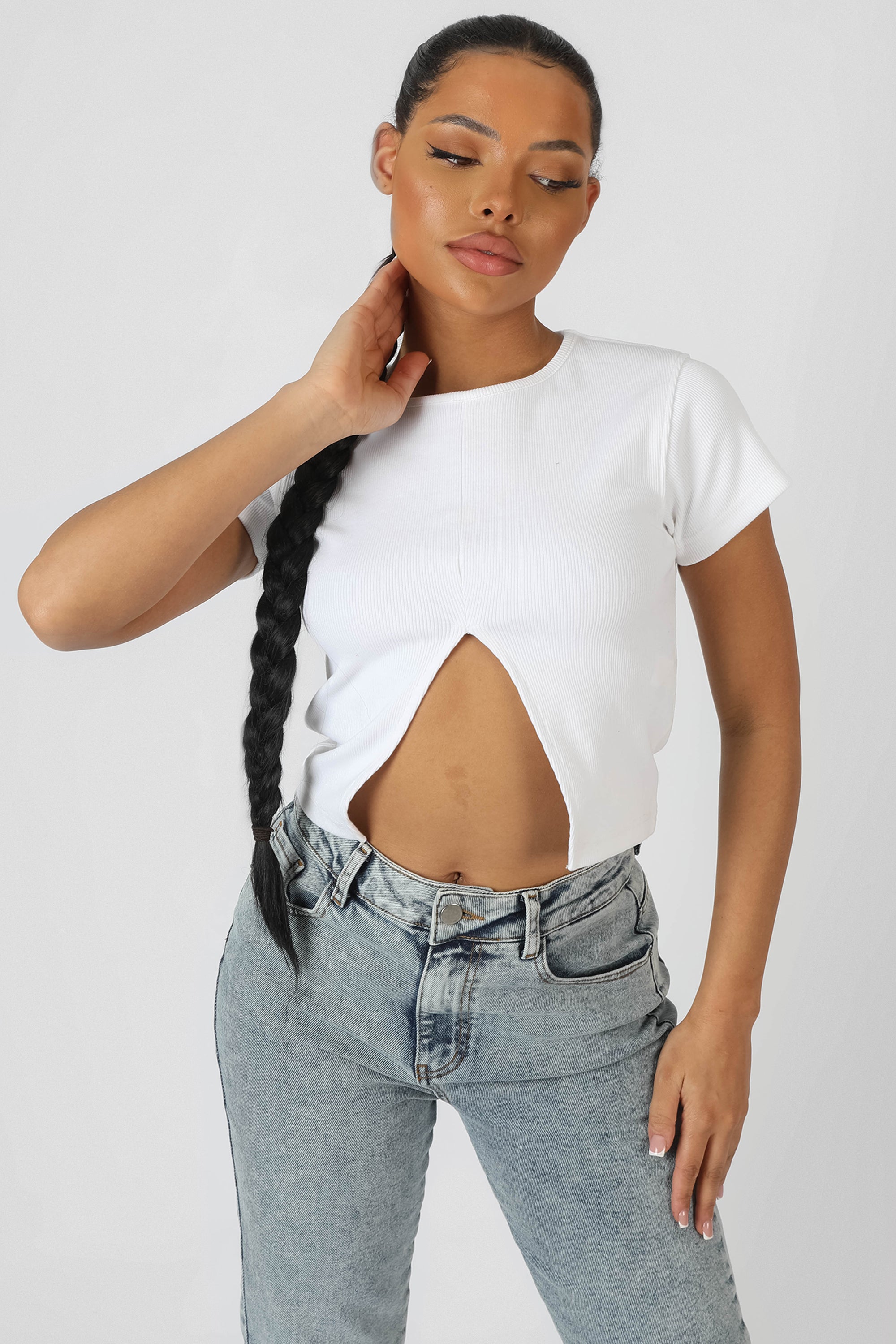 SPLIT FRONT RIBBED T-SHIRT WHITE