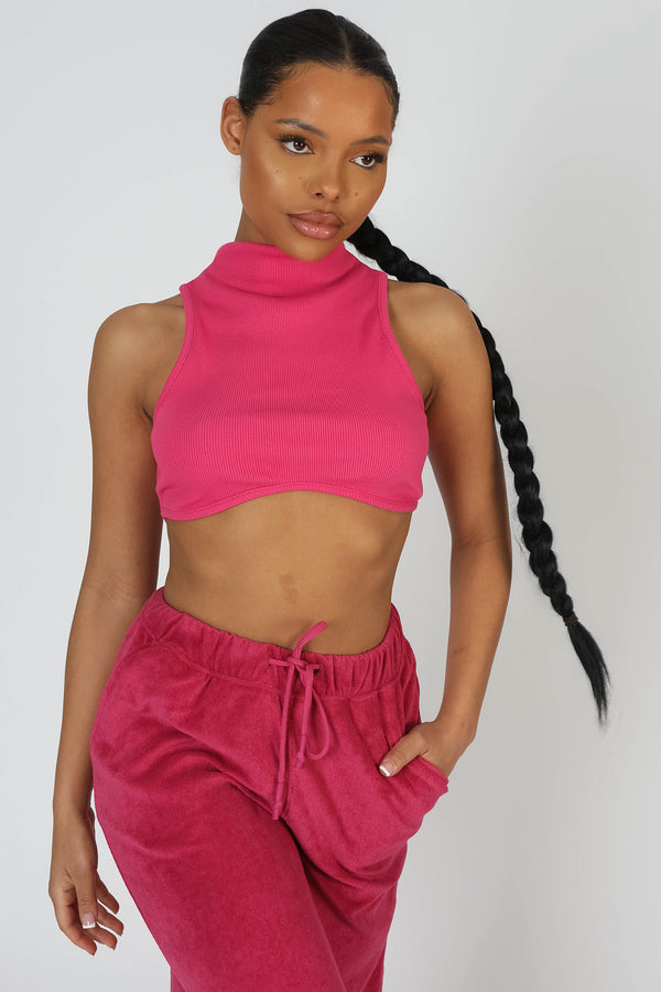 HIGH NECK UNDERBUST RIBBED CROP TOP PINK