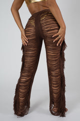 High Waist Extreme Laddered Frayed Straight Leg Knitted Trousers Brown