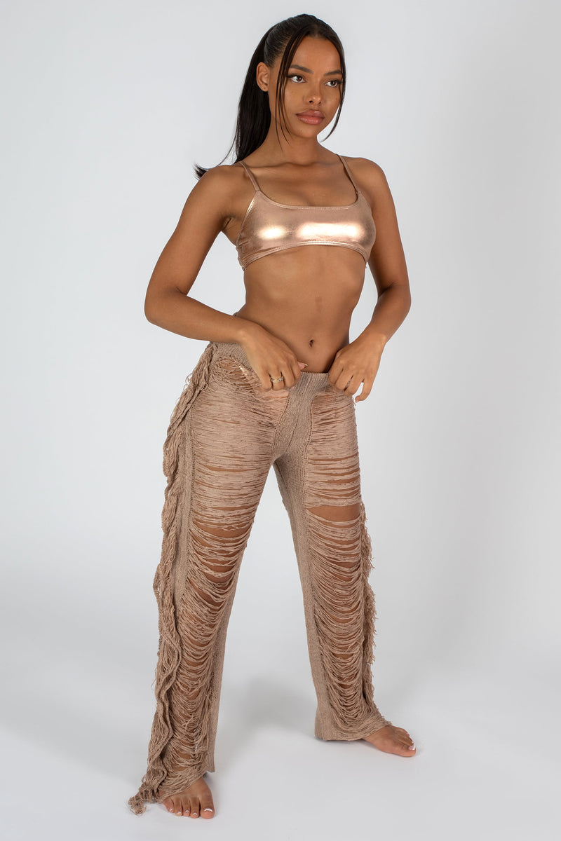 High Waist Extreme Laddered Frayed Straight Leg Knitted Trousers Nude