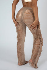High Waist Extreme Laddered Frayed Straight Leg Knitted Trousers Nude