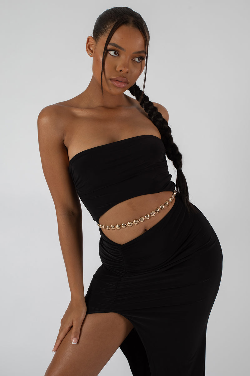 SPLIT SIDE BANDEAU SLINKY MAXI DRESS BLACK