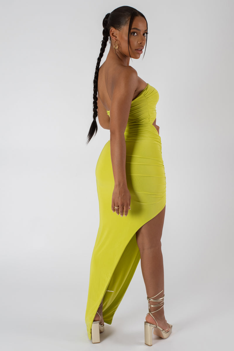 SPLIT SIDE BANDEAU SLINKY MAXI DRESS LIME