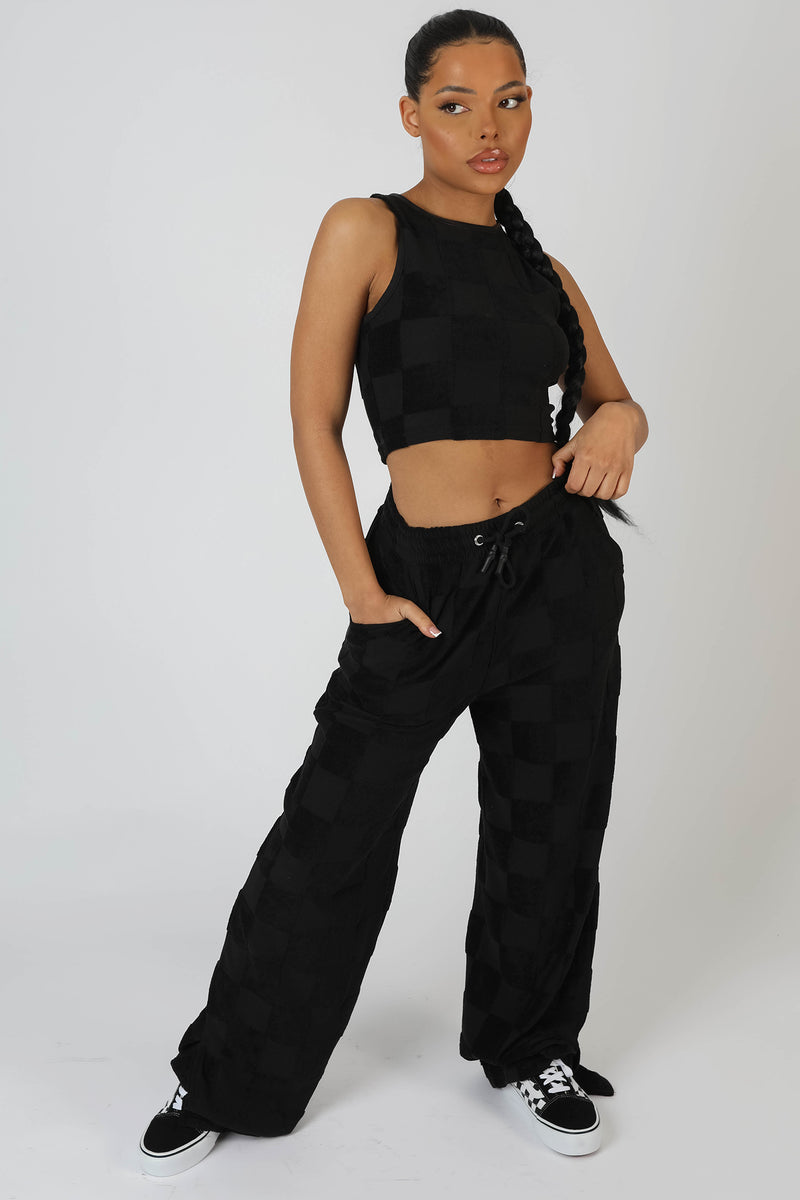 CHECKERBOARD TOWELLING RACER CROP TOP BLACK