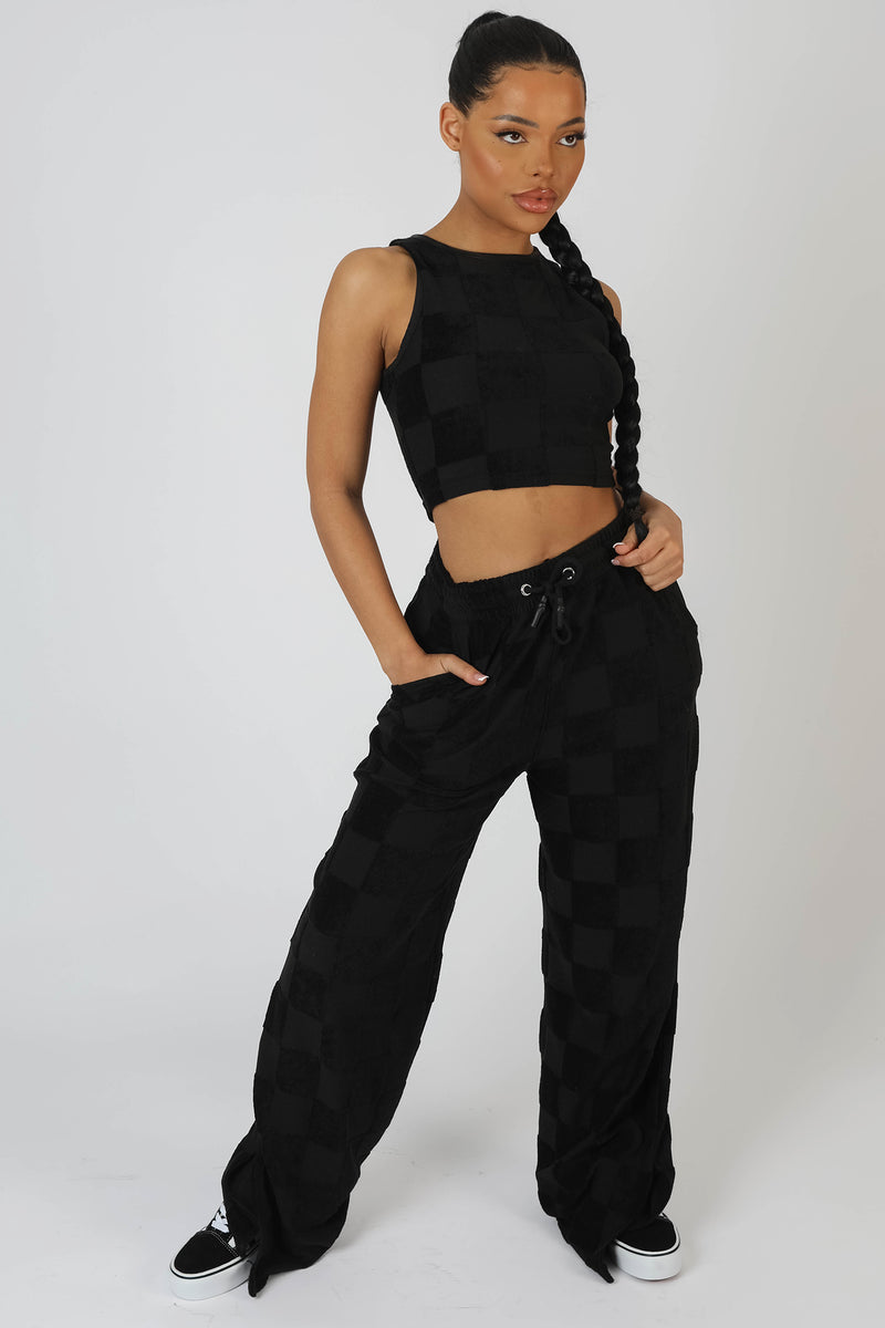 WIDE LEG SPLIT HEM CHECKERBOARD TOWELLING JOGGERS BLACK
