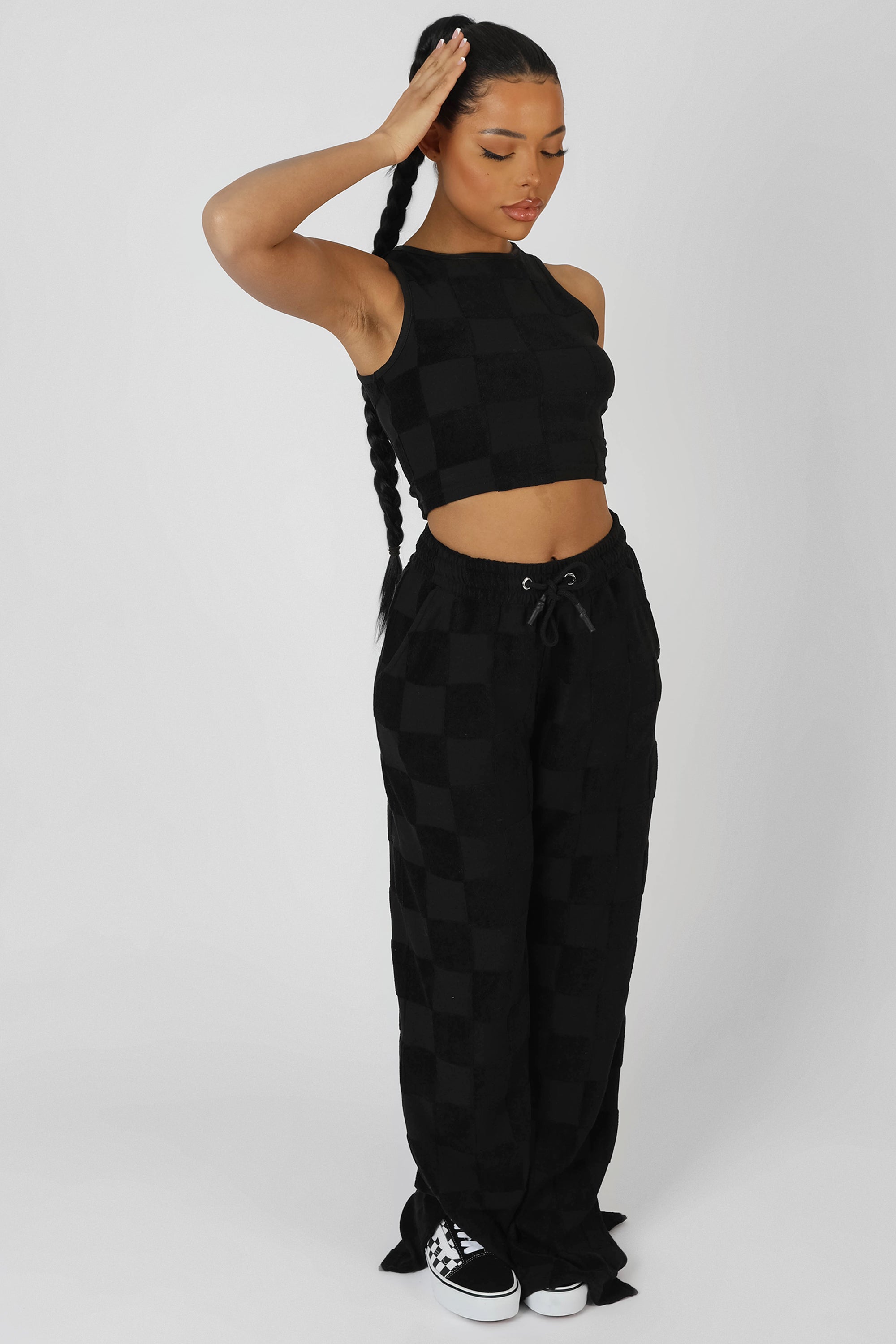 CHECKERBOARD TOWELLING RACER CROP TOP BLACK