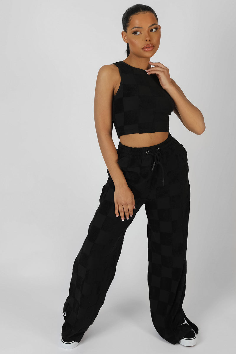WIDE LEG SPLIT HEM CHECKERBOARD TOWELLING JOGGERS BLACK
