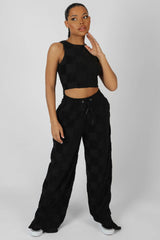 WIDE LEG SPLIT HEM CHECKERBOARD TOWELLING JOGGERS BLACK