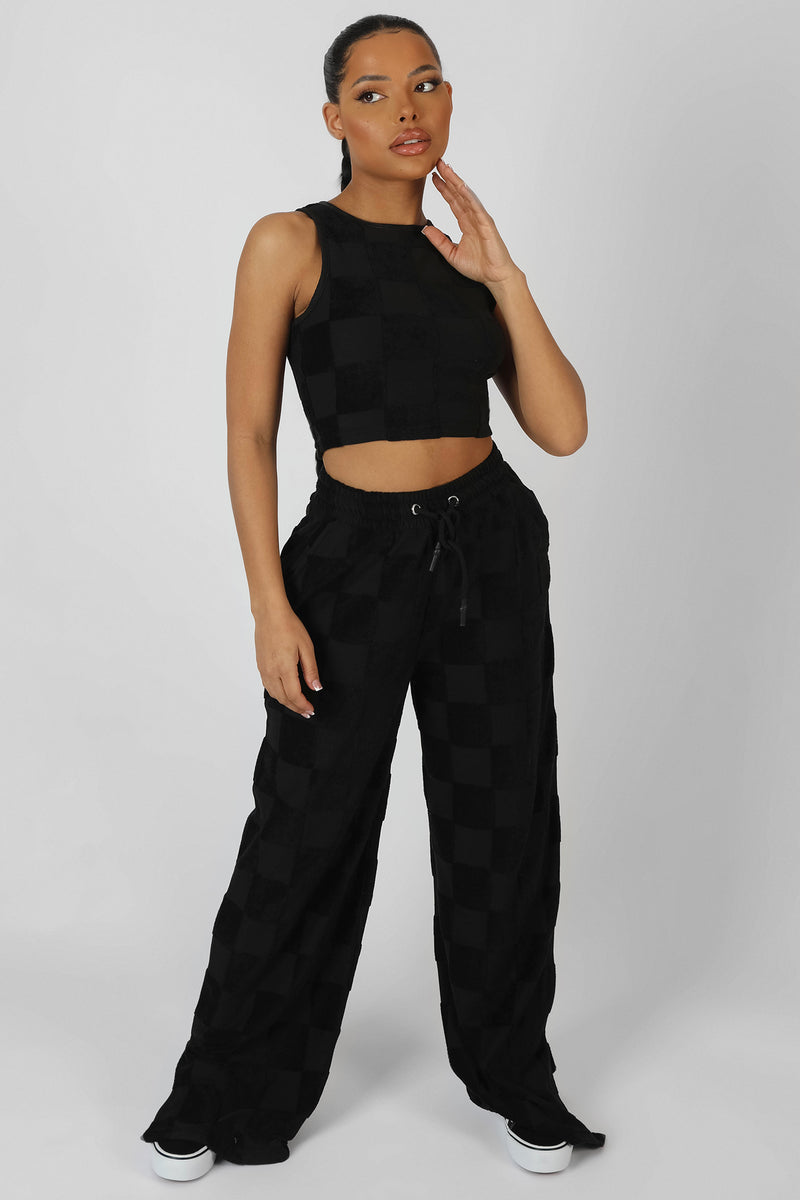 WIDE LEG SPLIT HEM CHECKERBOARD TOWELLING JOGGERS BLACK