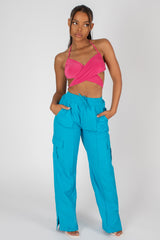 SPLIT HEM WIDE LEG CARGO POCKET TROUSER BLUE