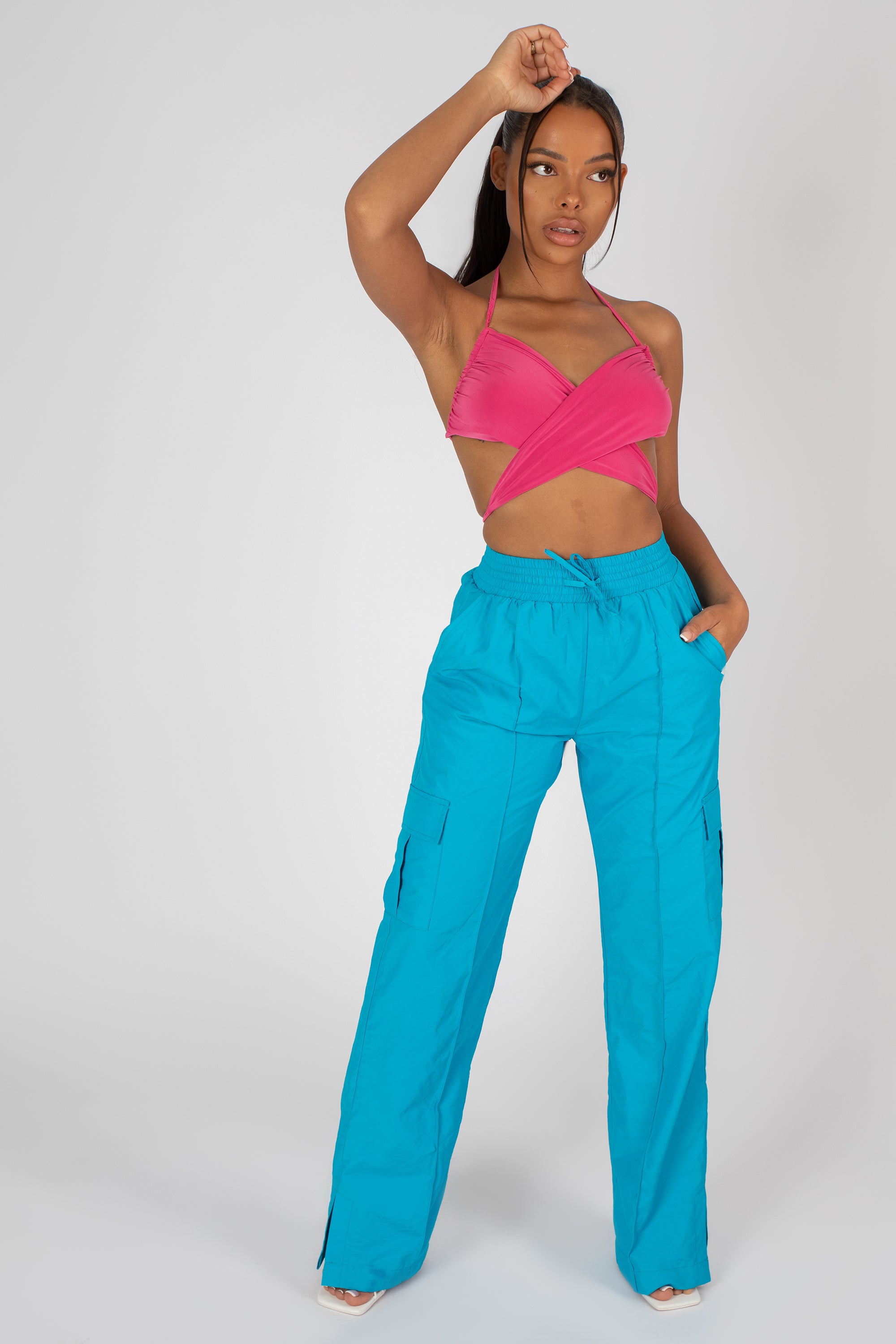 SPLIT HEM WIDE LEG CARGO POCKET TROUSER BLUE