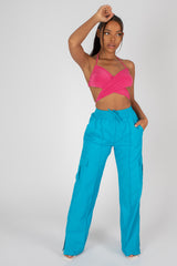 SPLIT HEM WIDE LEG CARGO POCKET TROUSER BLUE