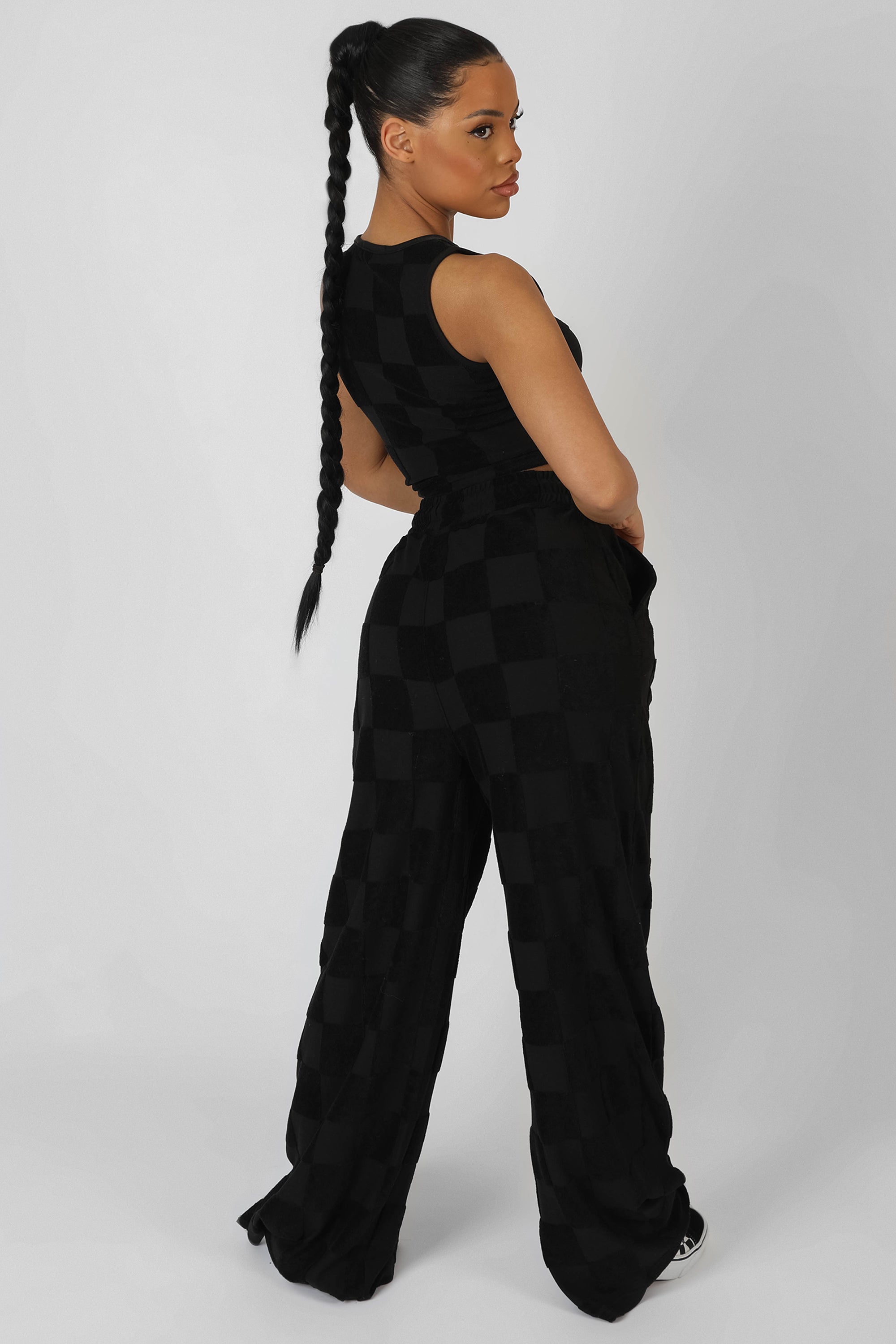 CHECKERBOARD TOWELLING RACER CROP TOP BLACK