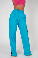 SPLIT HEM WIDE LEG CARGO POCKET TROUSER BLUE