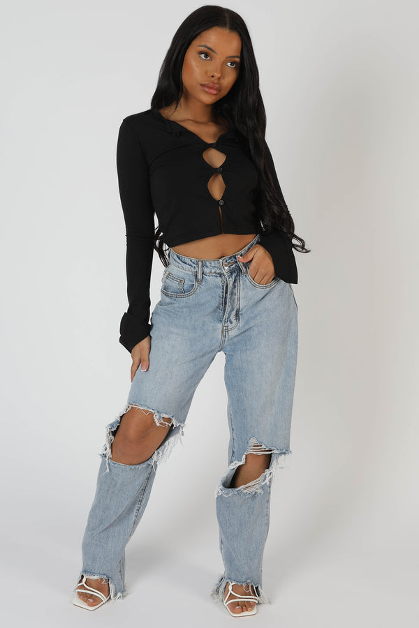 LONG SLEEVE BUTTON DETAIL CROP TOP BLACK