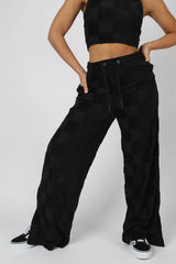 WIDE LEG SPLIT HEM CHECKERBOARD TOWELLING JOGGERS BLACK