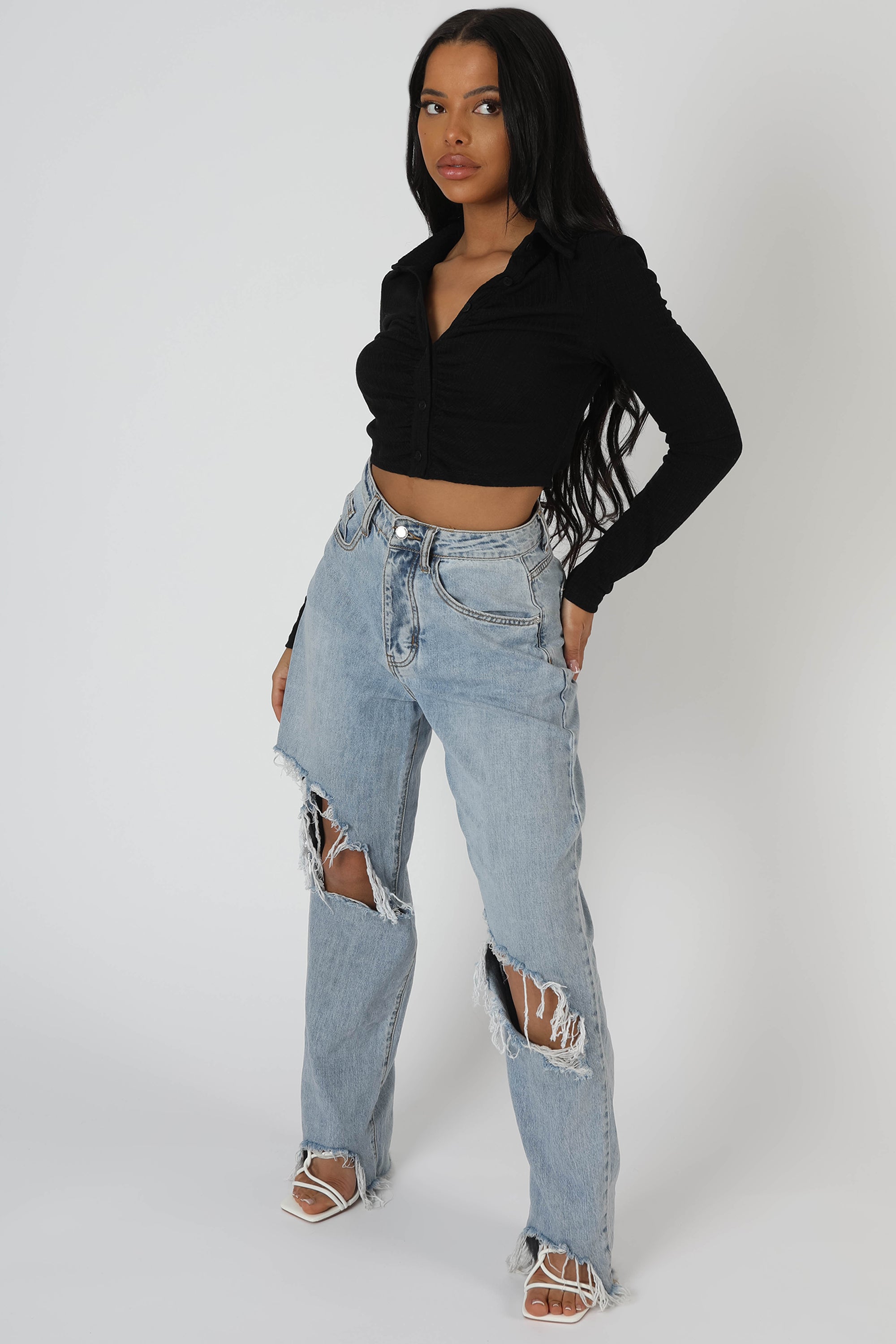 BUTTON FRONT RUCHED TOP BLACK